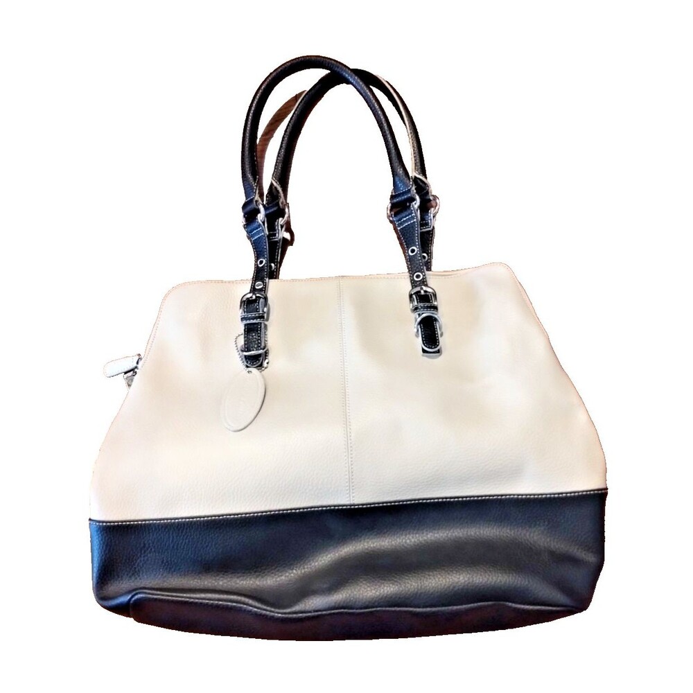Wilson's Leather - Large Leather Color Block Tote Satchel Bag, Cream and Black